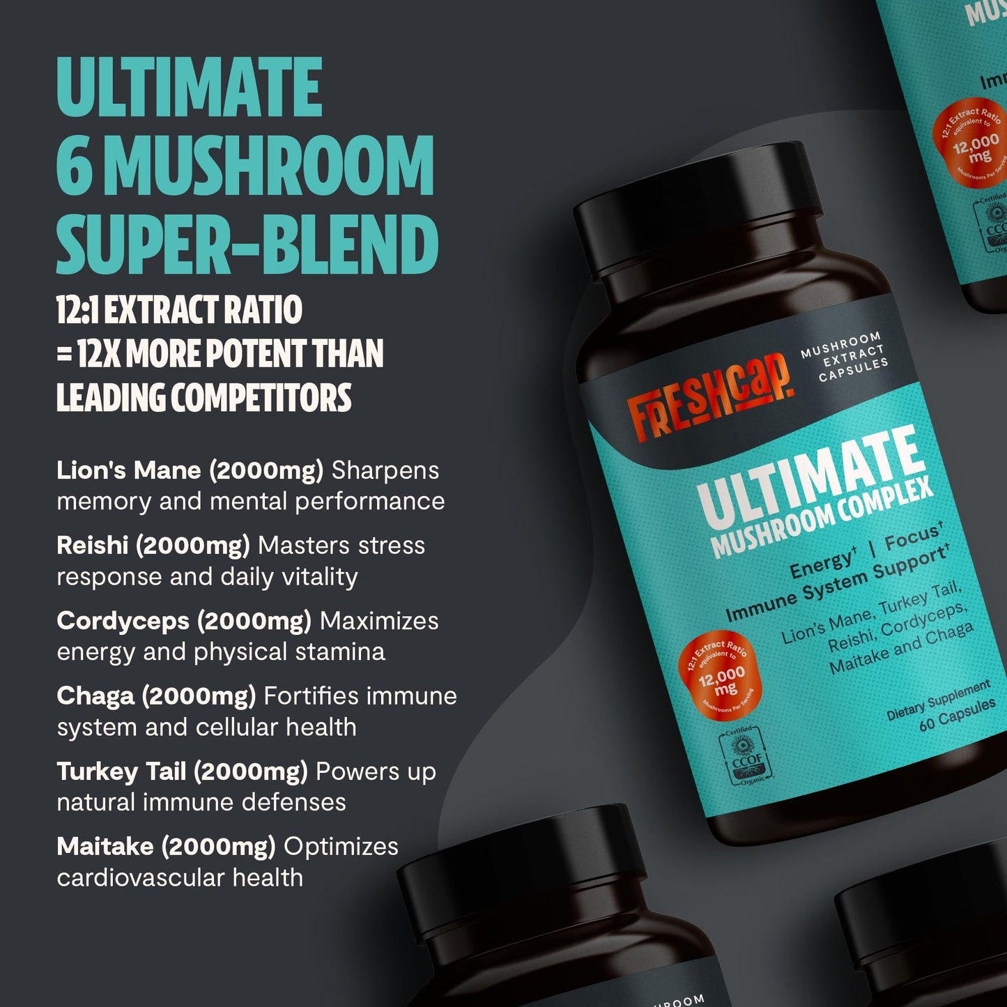 FreshCap Mushrooms Ultimate 12,000mg Complex – Nootropic Brain Support (60 Capsules)