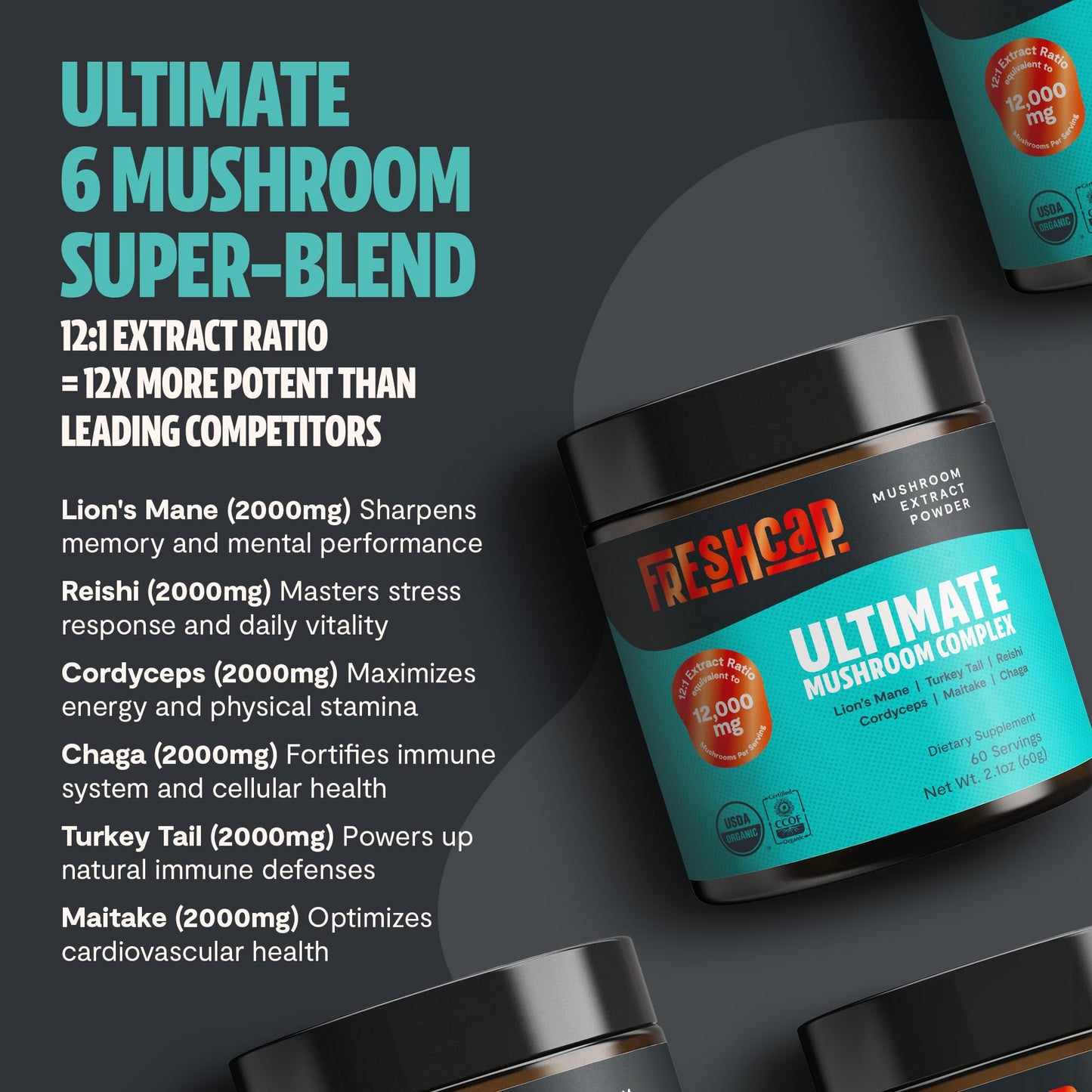 FreshCap Mushrooms Ultimate Powder – 12,000mg Nootropic Complex for Focus & Memory (60 Servings)