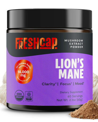 FreshCap Mushrooms Lions Mane Supplement Powder – 14,000mg per Serving, Organic Lions Mane Extract for Focus & Memory (60 Servings)