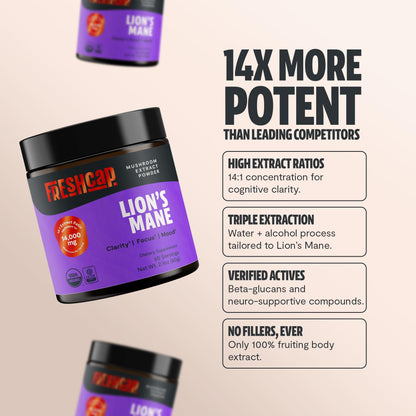 FreshCap Mushrooms Lions Mane Supplement Powder – 14,000mg per Serving, Organic Lions Mane Extract for Focus & Memory (60 Servings)