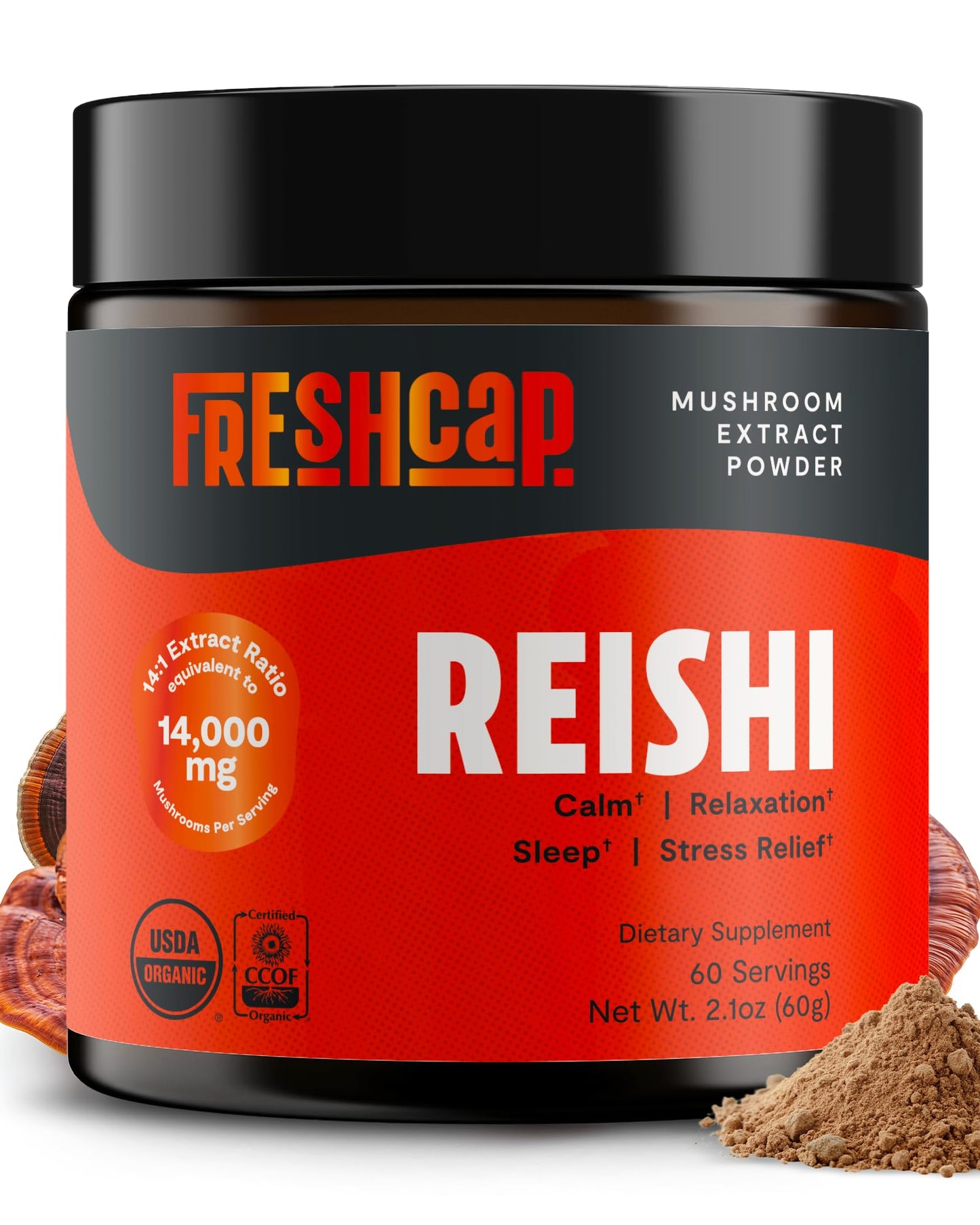 FreshCap Mushrooms Reishi Powder — 14,000mg Organic Dual-Extract, 60 Servings
