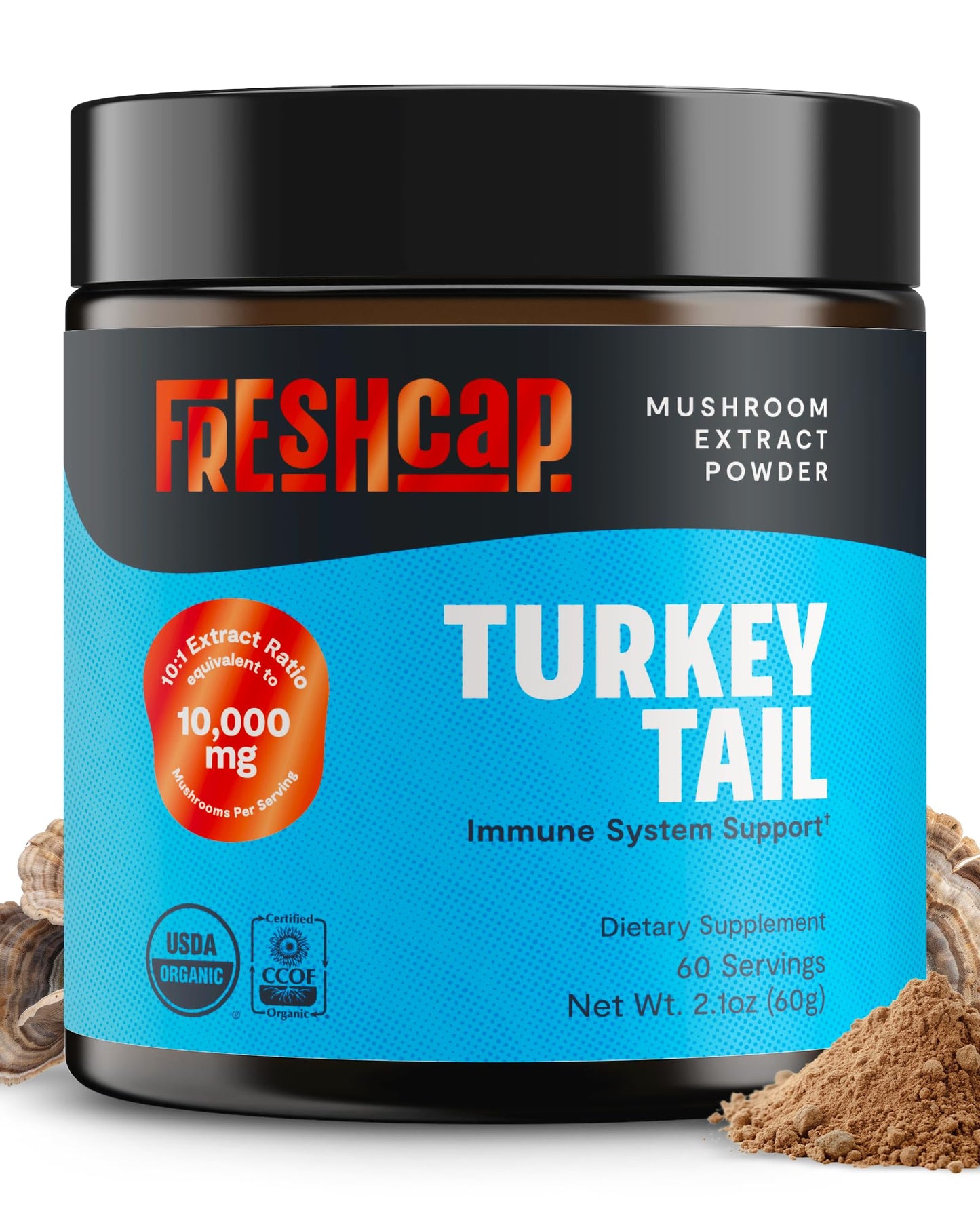 FreshCap Mushrooms Turkey Tail Mushroom Powder 10,000mg — Immune Support & Nootropic Extract (60 Servings)