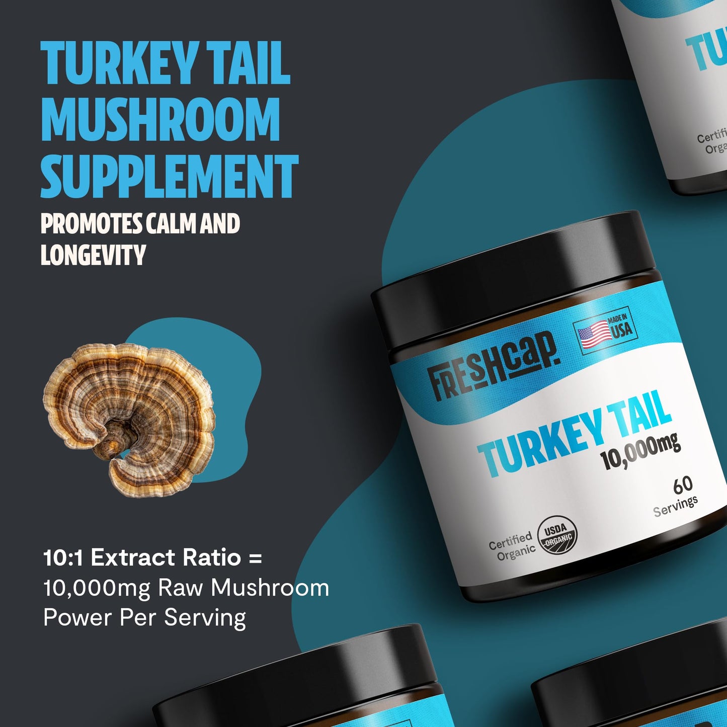 FreshCap Mushrooms Turkey Tail Mushroom Powder 10,000mg — Immune Support & Nootropic Extract (60 Servings)