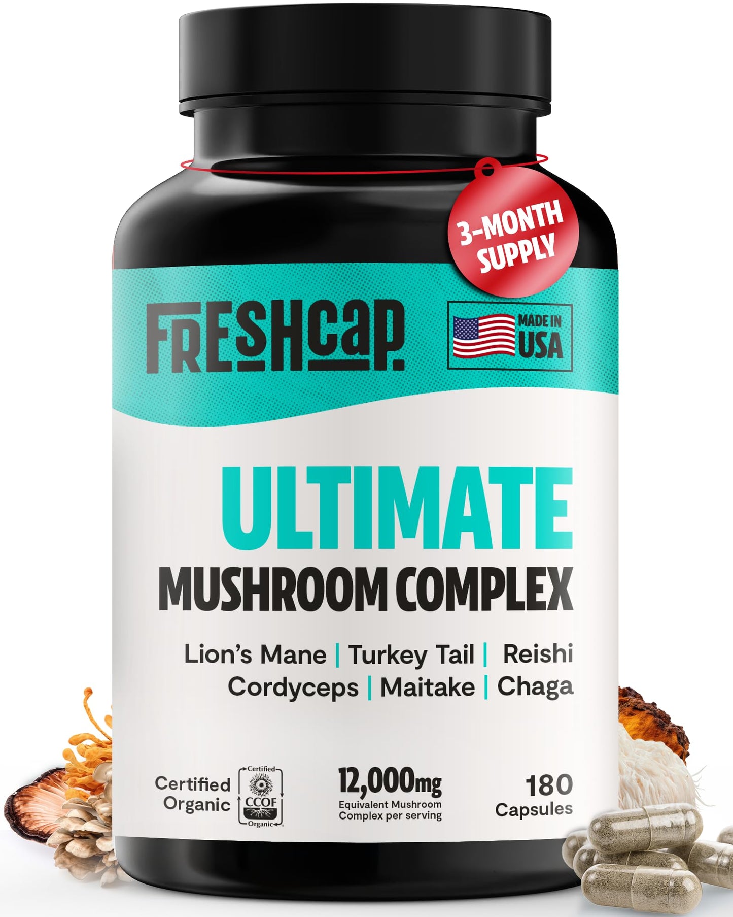 FreshCap Ultimate Mushroom Supplement 12,000mg – Organic Nootropic Complex Capsules