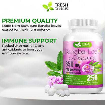 FRESHDRINKUS Banaba Capsules – 350mg per Serving, 250 Vegan Capsules | Gluten-Free, Non-GMO