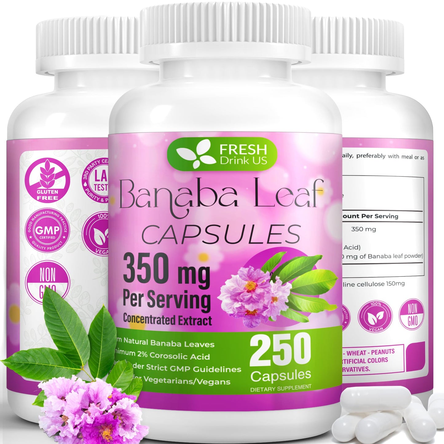 FRESHDRINKUS Banaba Capsules – 350mg per Serving, 250 Vegan Capsules | Gluten-Free, Non-GMO