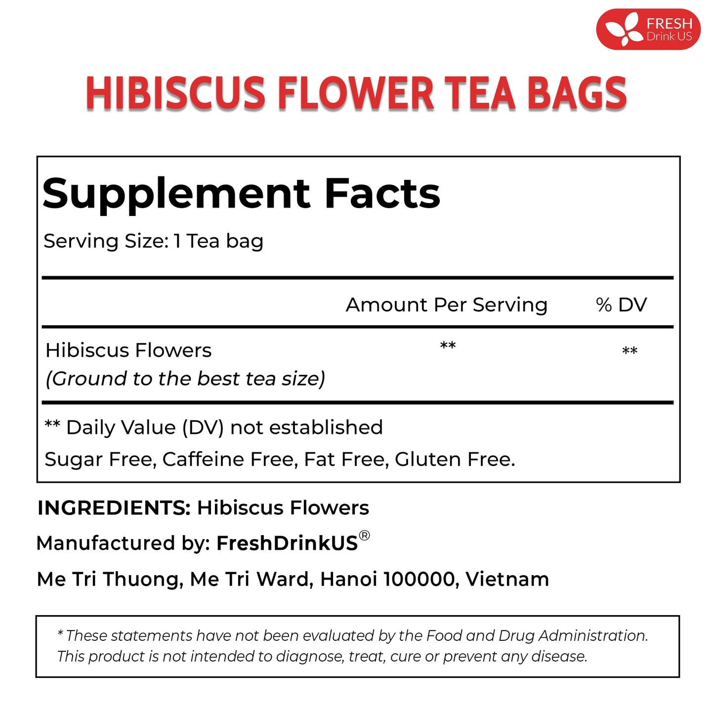 FRESHDRINKUS Premium 30 Hibiscus Flower Tea Bags – 100% Natural & Pure