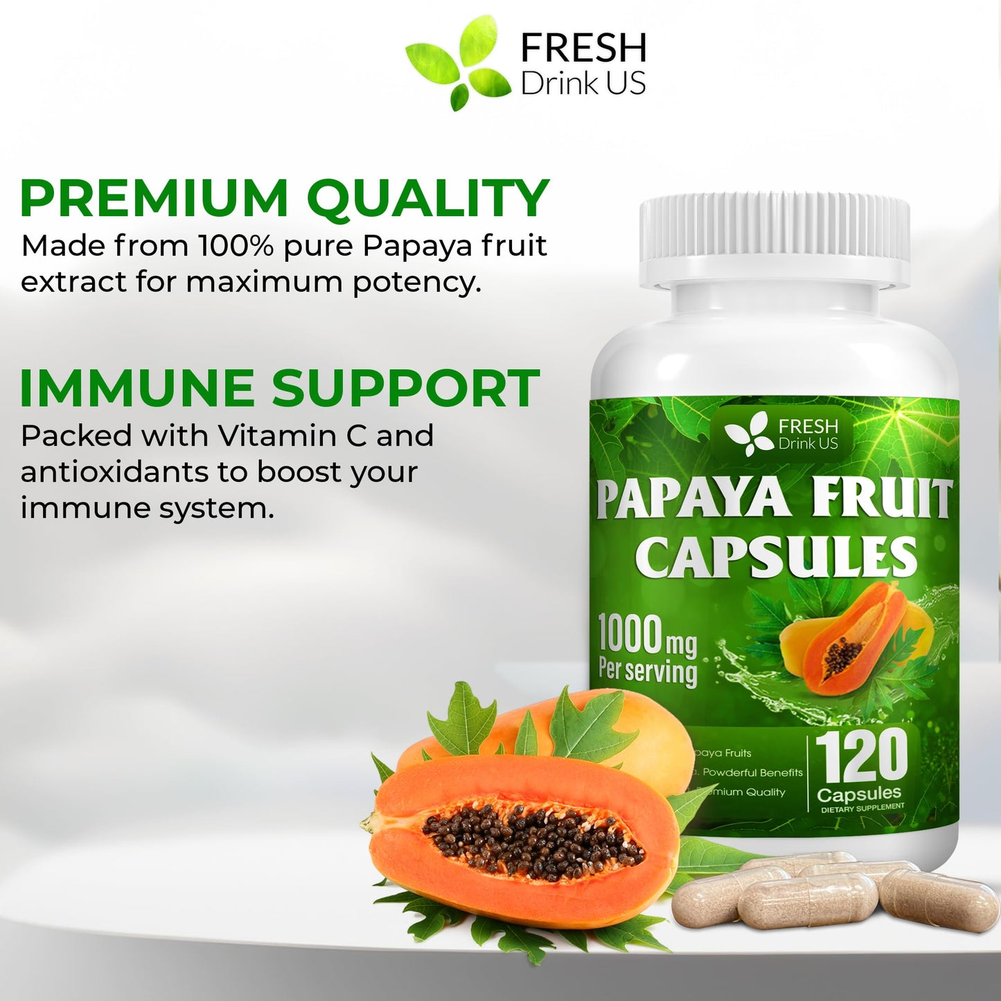 FRESHDRINKUS Papaya Capsules – 120 Papaya Extract, 1000mg/Serving, Vegan, Non-GMO, Gluten-Free