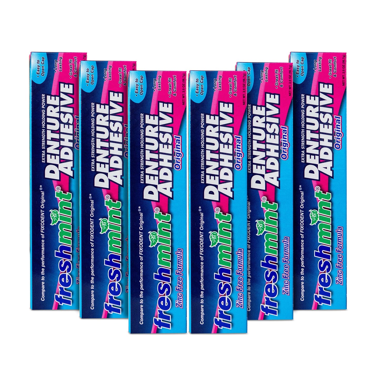 Freshmint 6 Tubes Denture Adhesive 2 oz - Zinc-Free with Beeswax