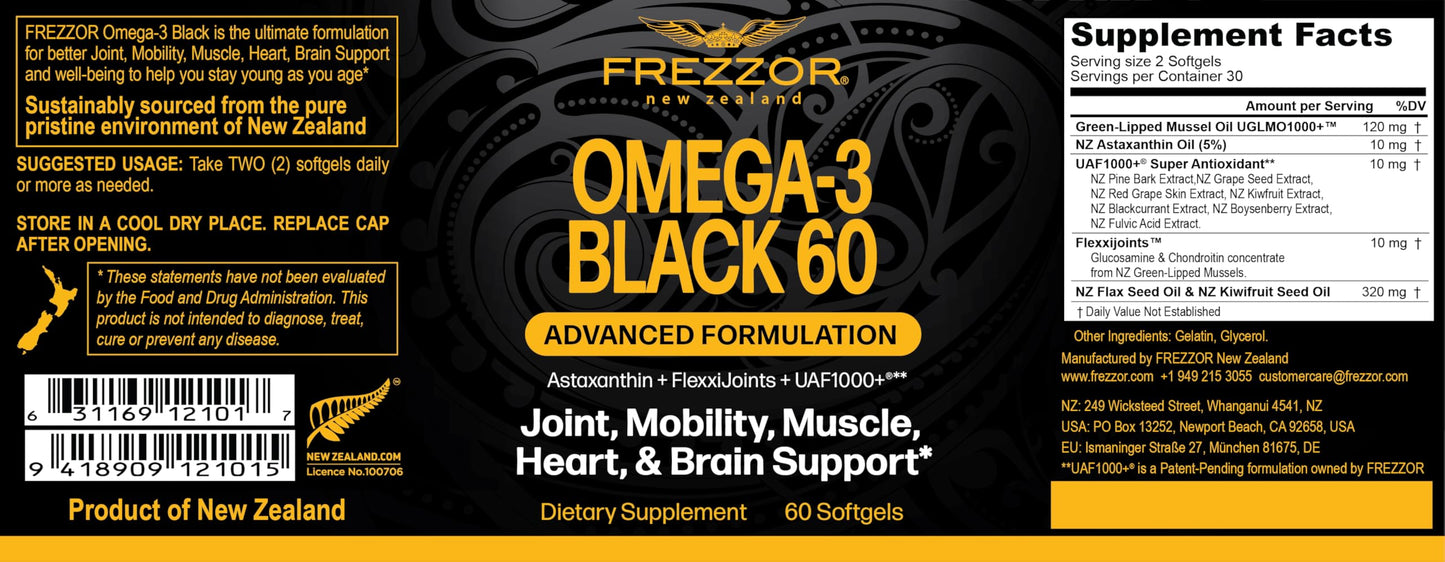 FREZZOR Omega 3 Black – Joint Comfort, NZ Green-Lipped Mussel Oil, 60 Softgels