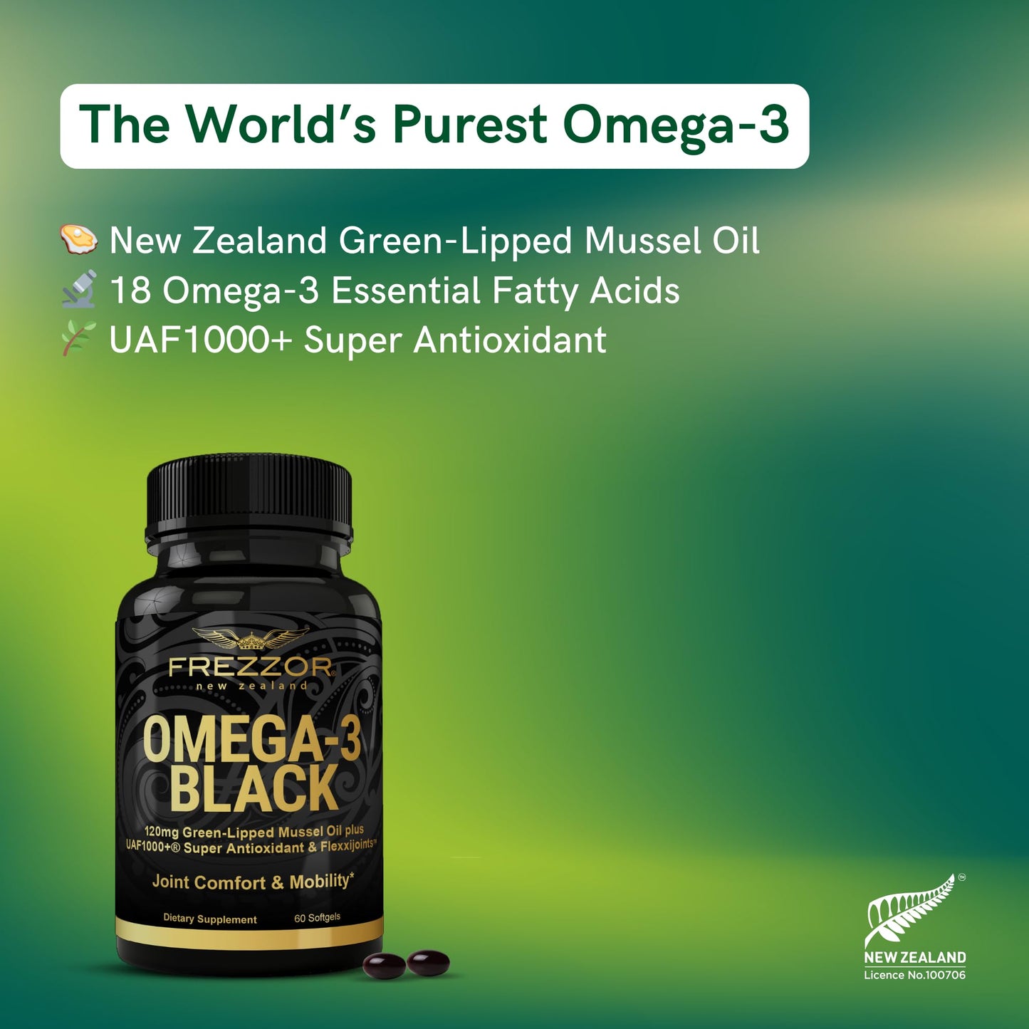 FREZZOR Omega 3 Black – Joint Comfort, NZ Green-Lipped Mussel Oil, 60 Softgels