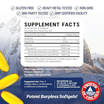 Triple Strength Omega-3 Fish Oil 3600 mg | EPA & DHA | 180 Ct | Burpless