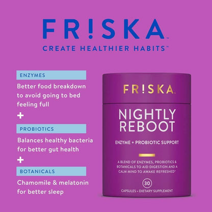 FRISKA Nightly Reboot: Enzyme & Probiotic Sleep Support with Melatonin & Chamomile, 90 Capsules