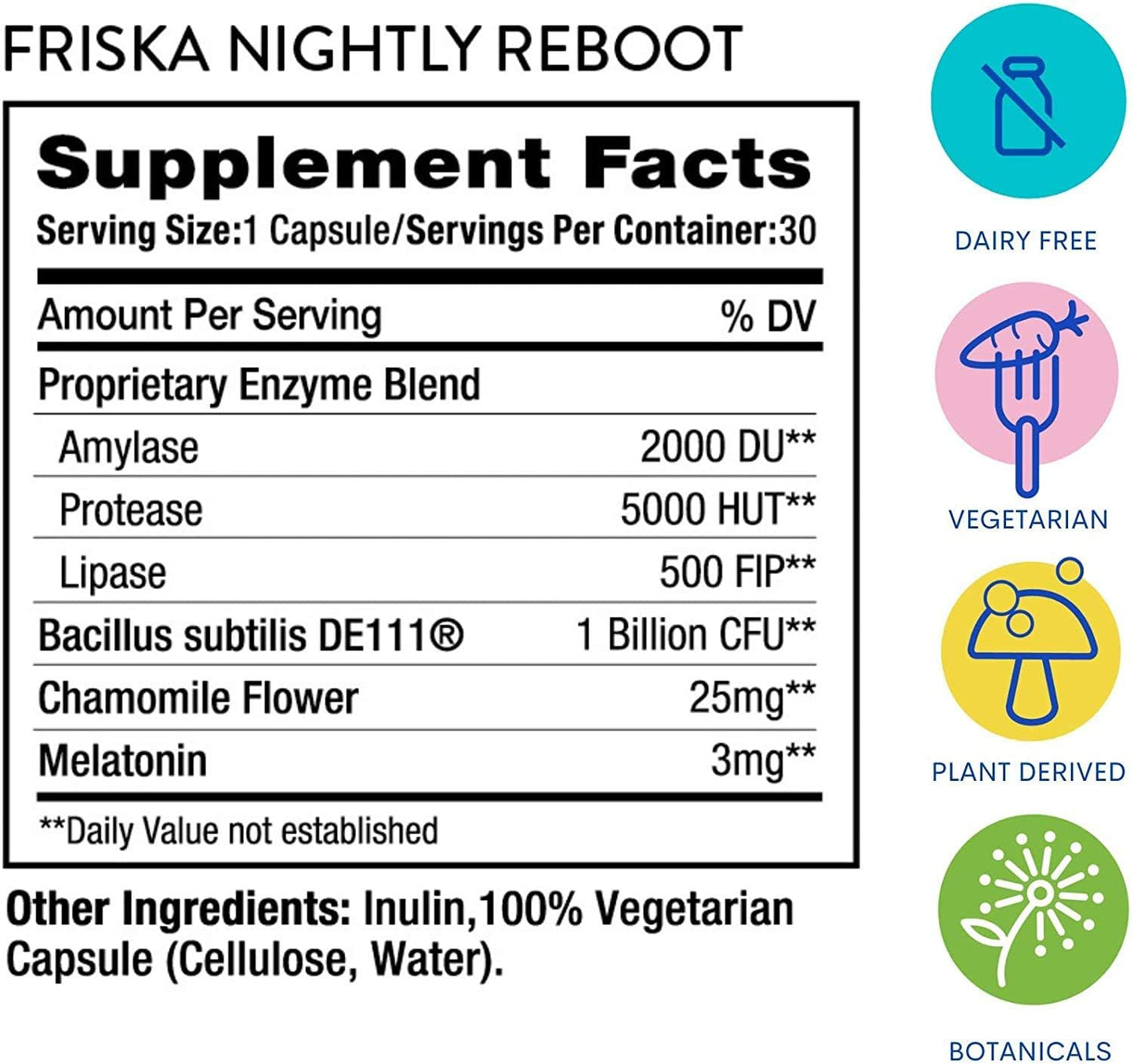 FRISKA Nightly Reboot: Enzyme & Probiotic Sleep Support with Melatonin & Chamomile, 90 Capsules