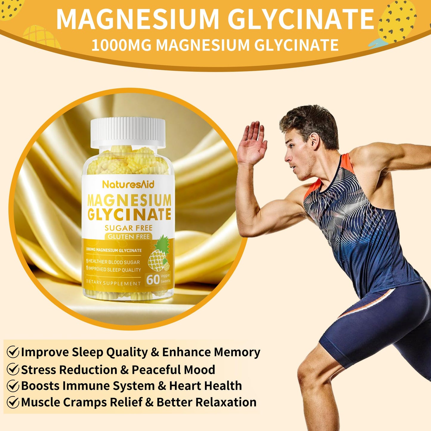 Nature's Aid Magnesium Glycinate Gummies 1000mg – Sugar-Free Pineapple Gummies with Vitamin D, B6 & CoQ10 (120 each, 2 Pack)