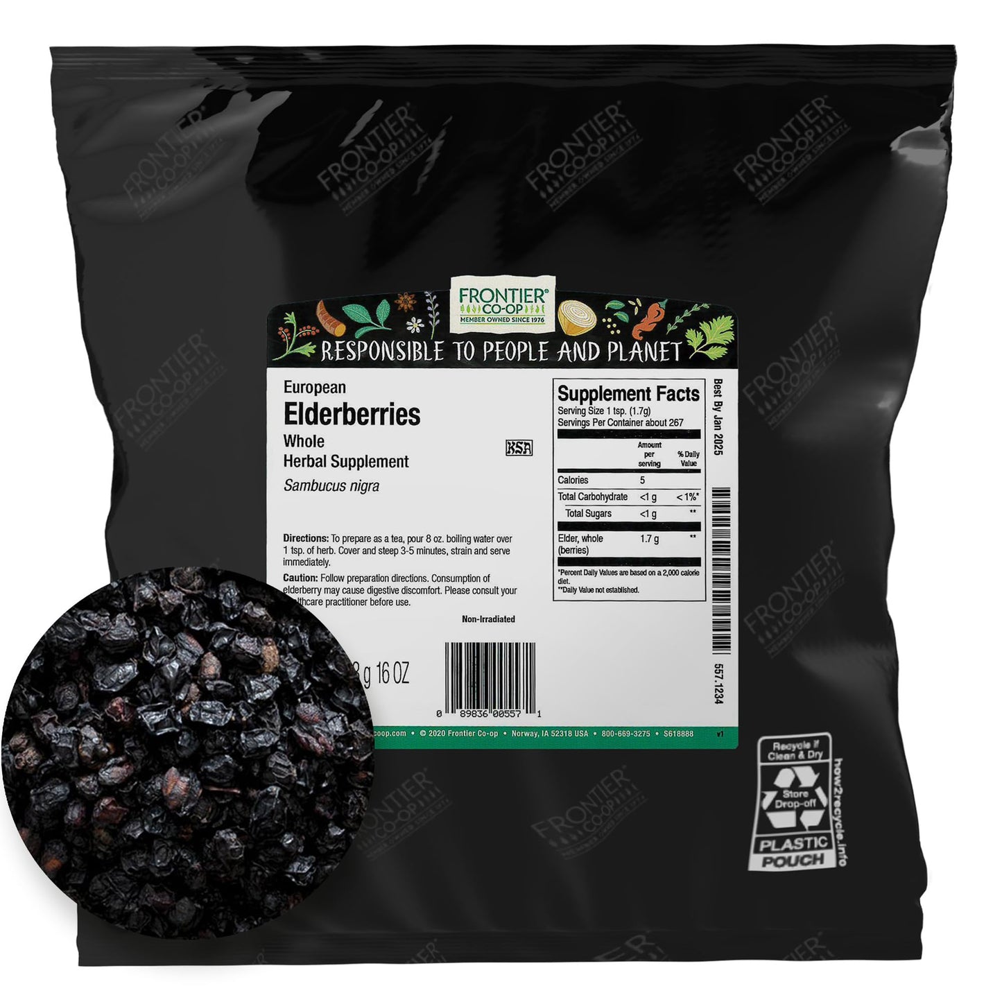 Frontier Co-op Dried Elderberries — European Whole, Non-GMO, Kosher, 16 oz (Pack of 2)