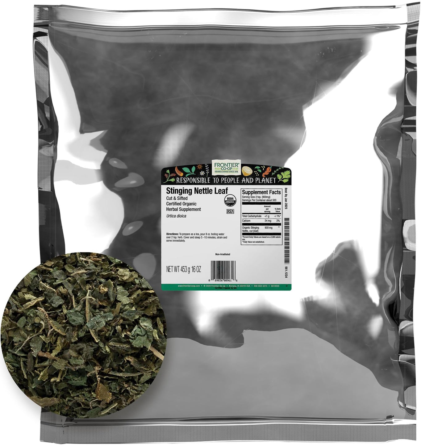 Frontier Co-op Organic Nettle Leaf, Cut & Sifted for Nettle Tea — Kosher, 16 oz (Pack of 2)