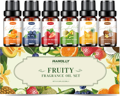 Fruity Essential Oils Set – 6x10ml Aromatherapy Oils for Diffuser & Candle Making (Strawberry, Coconut)