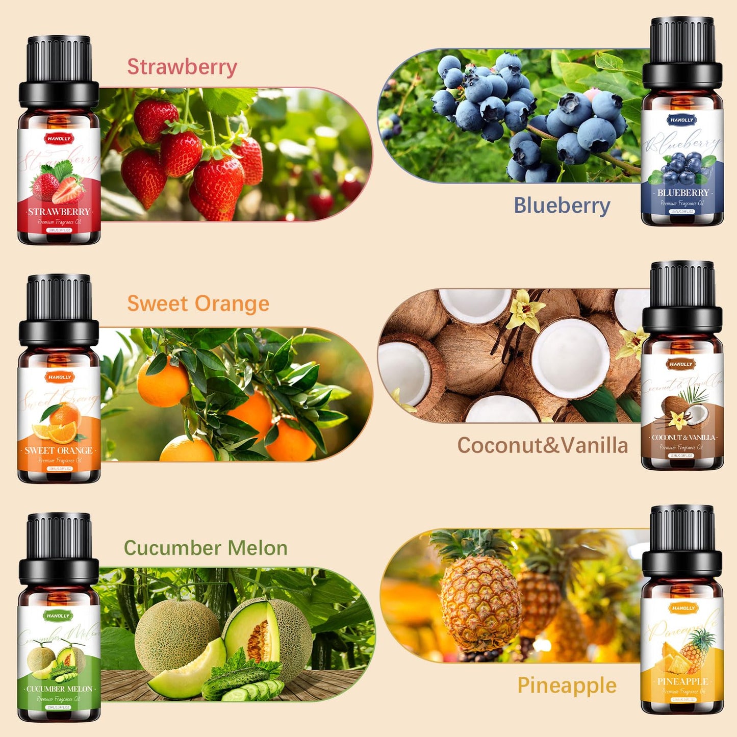 Fruity Essential Oils Set – 6x10ml Aromatherapy Oils for Diffuser & Candle Making (Strawberry, Coconut)