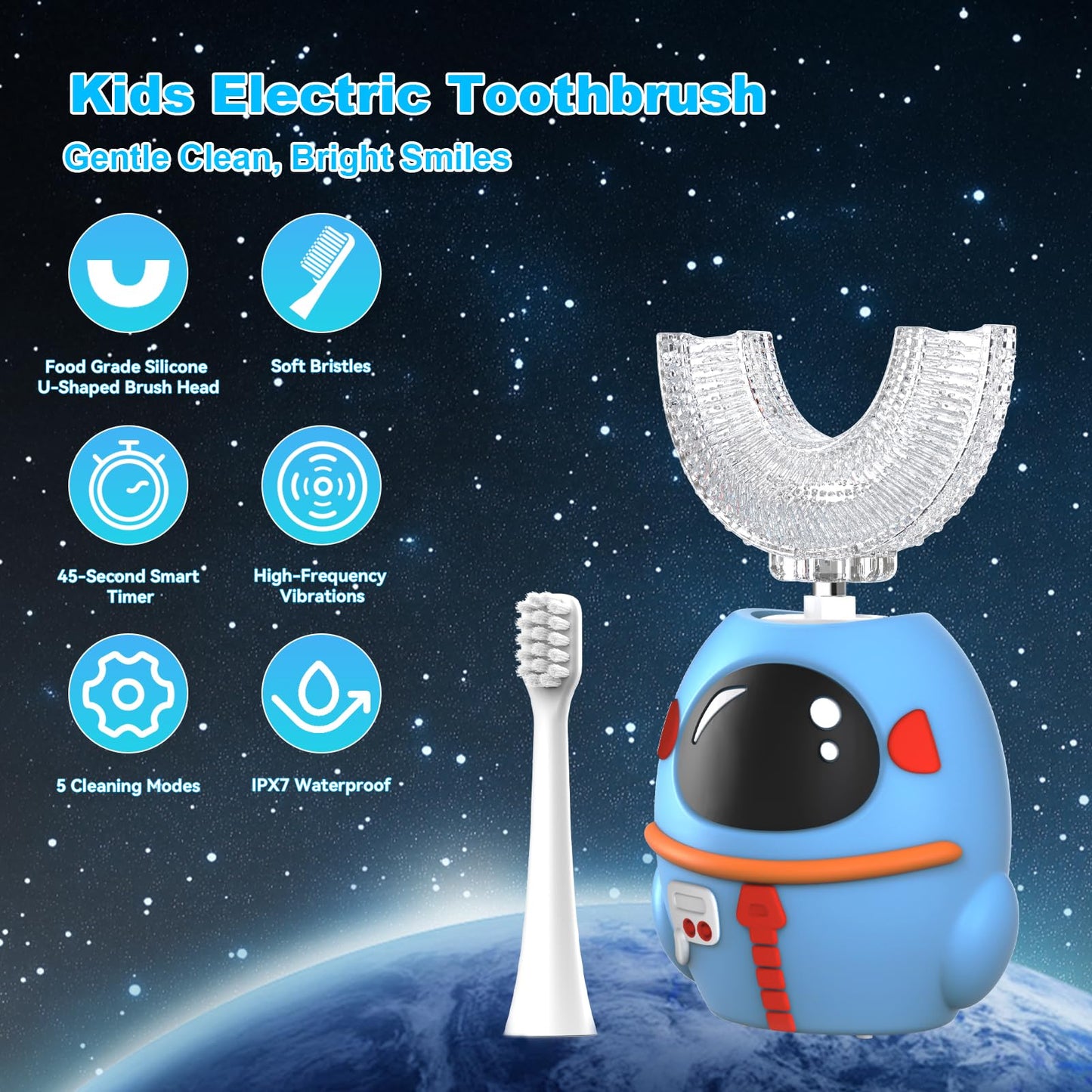 FTOYIN Kids Electric Toothbrush – U Shaped, 4 Heads, 5 Modes, 45s Timer, IPX7