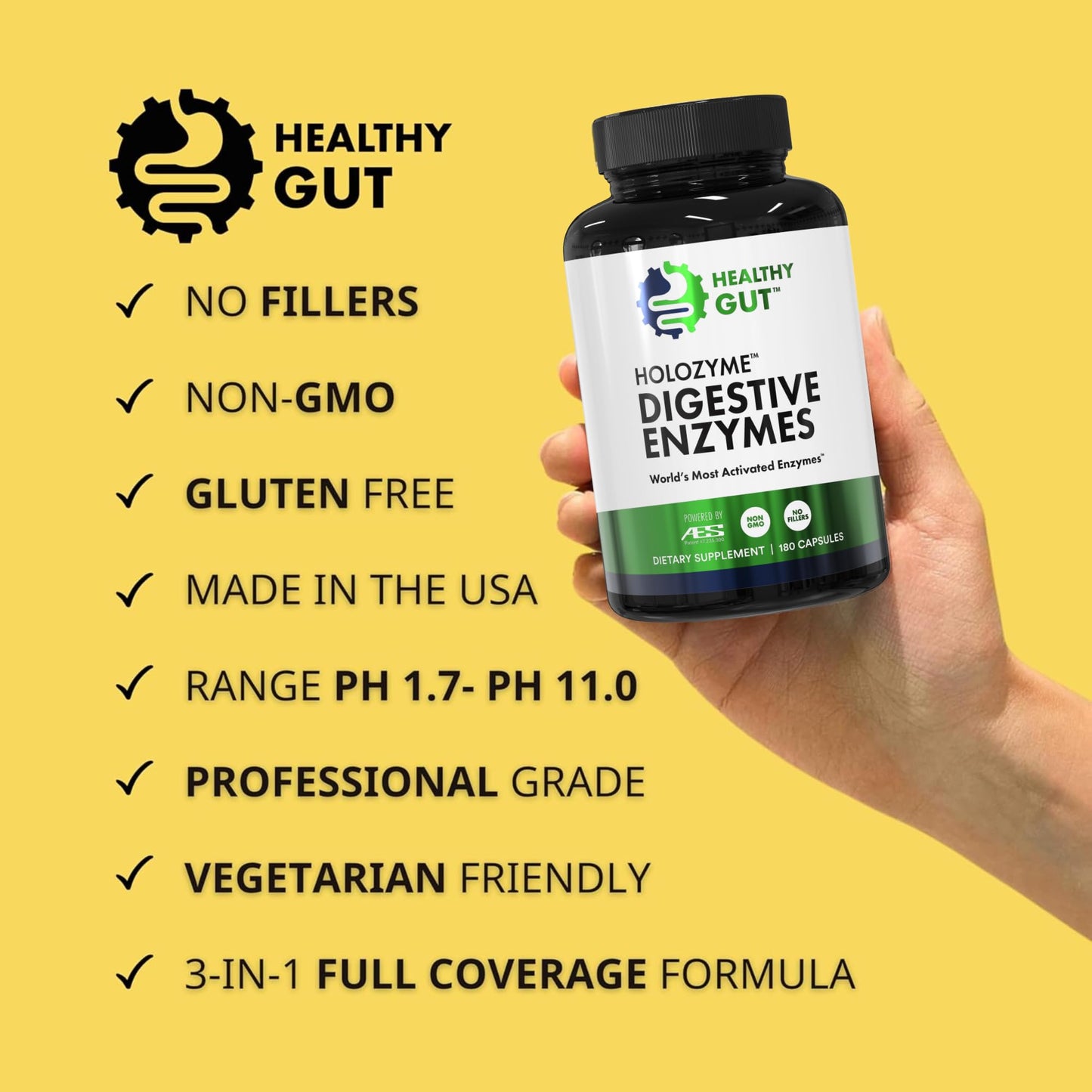 Healthy Gut HoloZyme Max Strength Digestive Enzymes | FODMAP Support with Inulinase, Amyloglucosidase & Invertase | 90 Servings