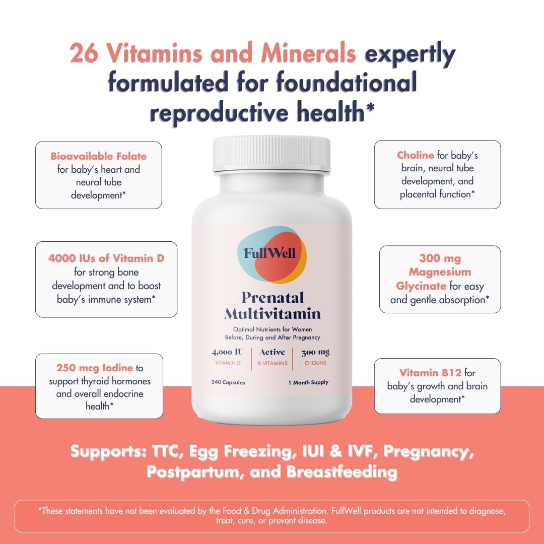 FullWell Prenatal Vitamin + DHA | 26+ Nutrients, Non-GMO, 30 Servings