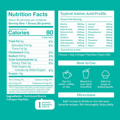 Further Food Unflavored Collagen Peptides Powder – 100% Grass-Fed, Hydrolyzed Type 1 & 3, 20g per Serving, 1.5 lb