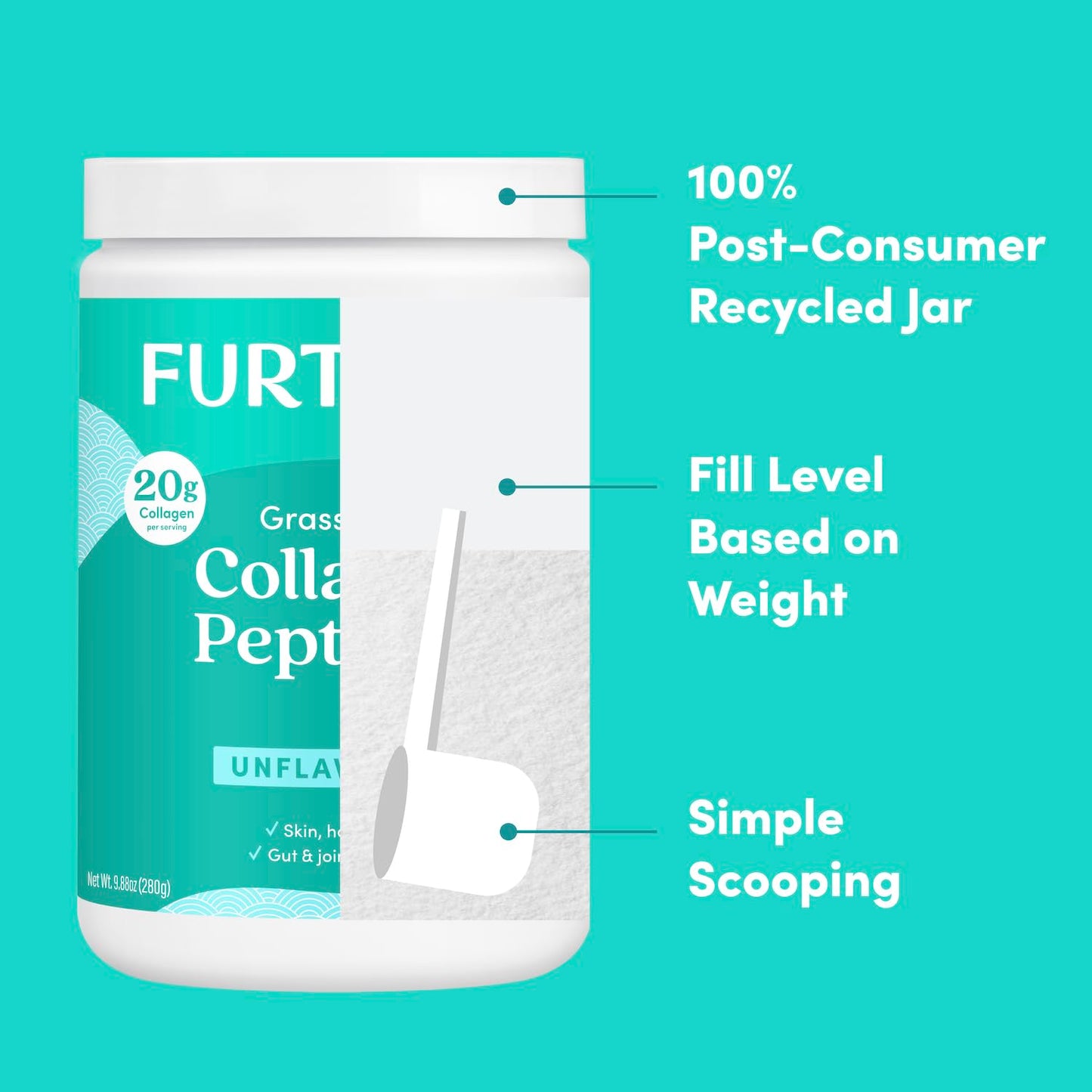 Further Food Unflavored Collagen Peptides Powder – 100% Grass-Fed, Hydrolyzed Type 1 & 3, 20g per Serving, 1.5 lb