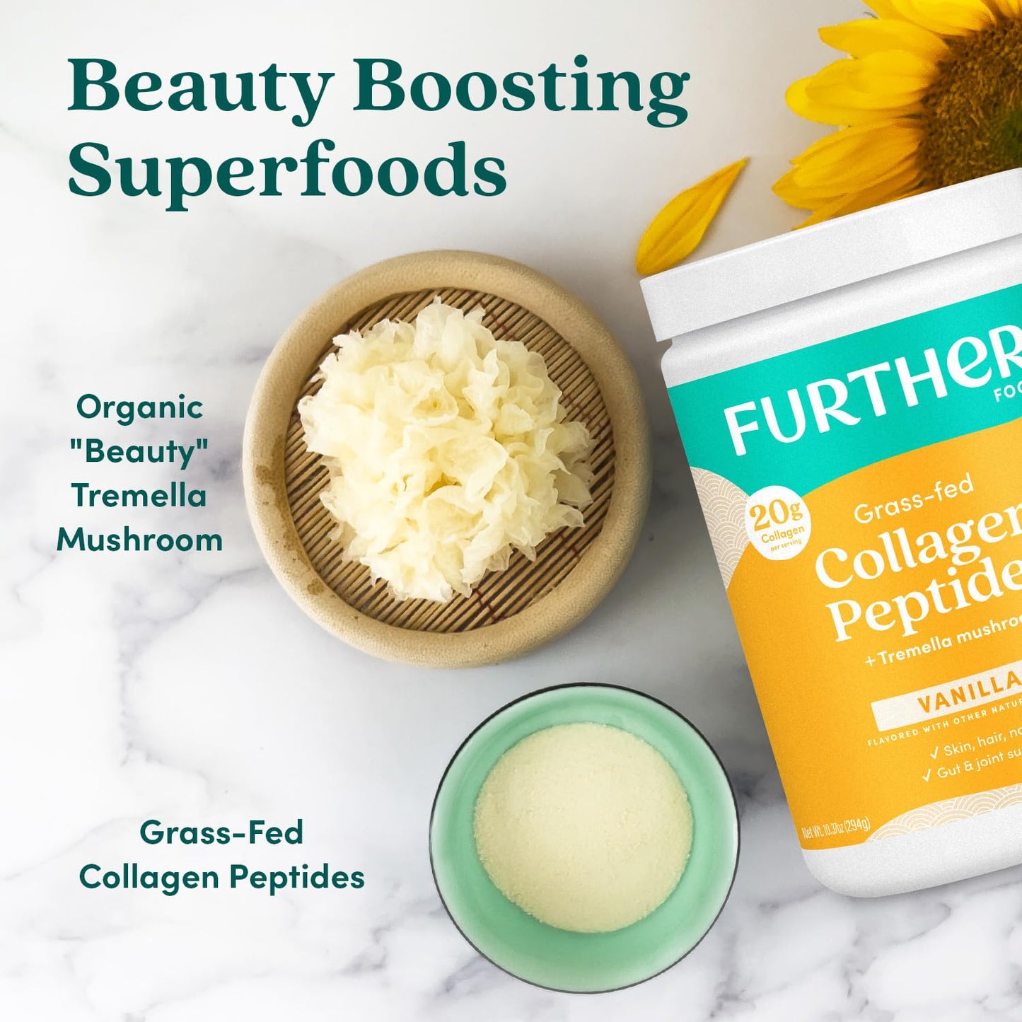Further Food Vanilla Collagen Peptides with Tremella – Grass-Fed, 20g per Serving, 22.22 oz