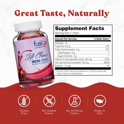 Fusion Lifestyle Iron Chewables – Cherry Flavor, 2-Month Supply
