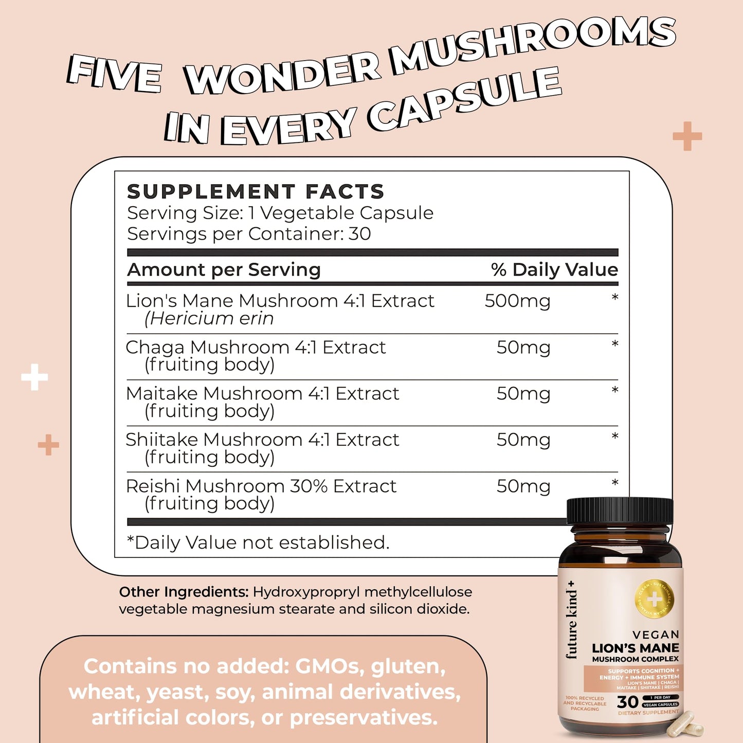 Future Kind Vegan Lion’s Mane Mushroom Complex – Brain Support with Chaga, Reishi, Maitake & Shiitake (30ct) | Memory & Focus
