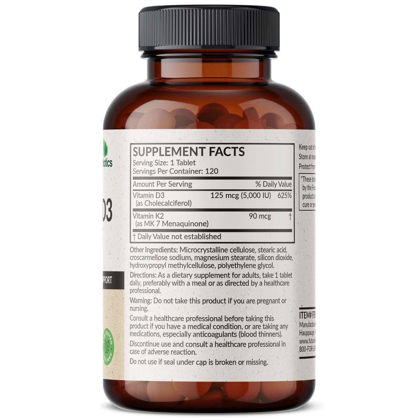 Futurebiotics Vitamin K2 with D3 - 2-in-1 Formula, 5000 IU D3 & 90 mcg K2 MK-7, Non-GMO, 120 Tablets