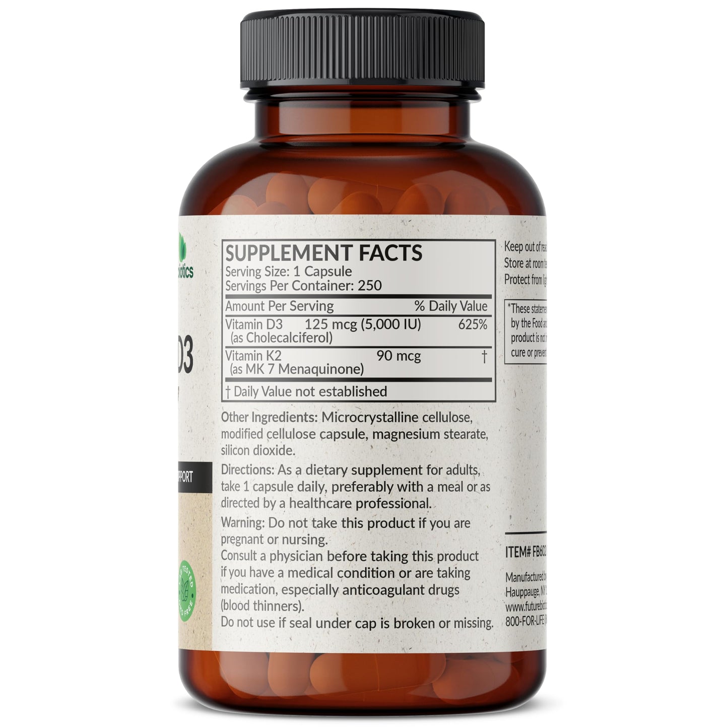 Futurebiotics Vitamin K2 (MK7) with D3 – Non-GMO, 5000 IU D3 & 90 mcg MK-7, 2-Pack (250 Veg Capsules per Bottle)