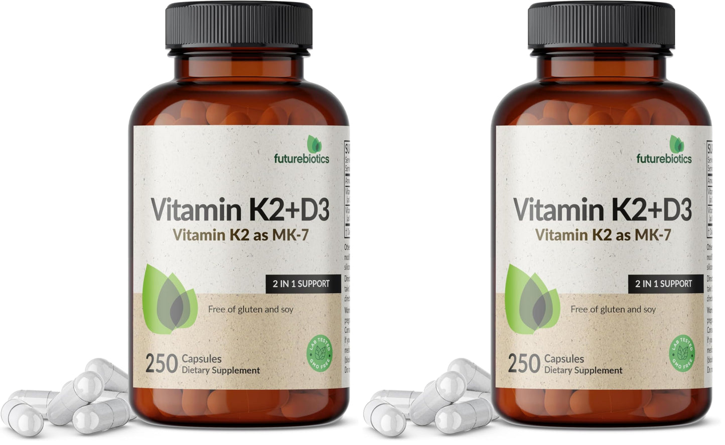 Futurebiotics Vitamin K2 (MK7) with D3 – Non-GMO, 5000 IU D3 & 90 mcg MK-7, 2-Pack (250 Veg Capsules per Bottle)