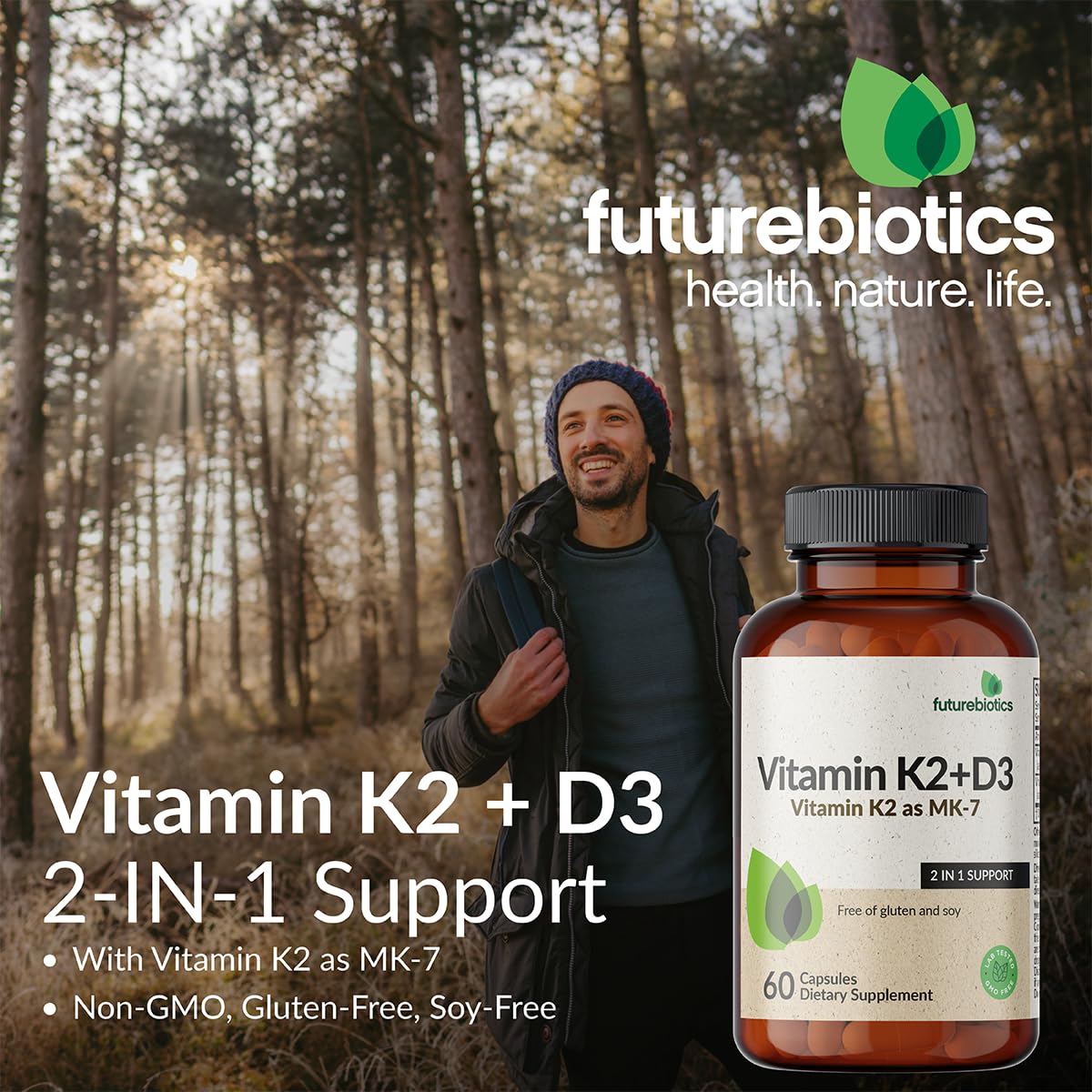 Futurebiotics Vitamin K2 (MK7) with D3 – Non-GMO, 5000 IU D3 & 90 mcg MK-7, 2-Pack (250 Veg Capsules per Bottle)