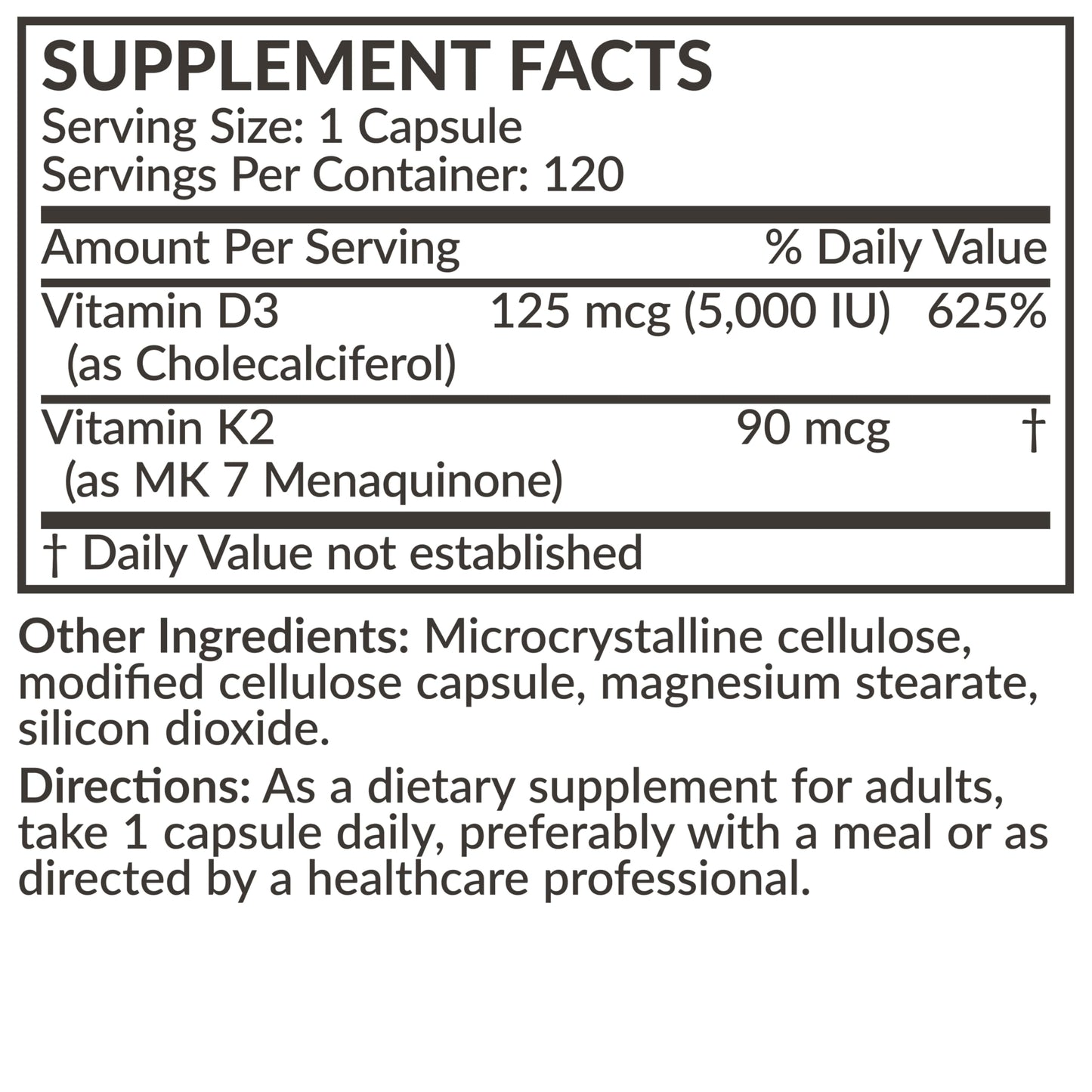 Futurebiotics Vitamin K2 MK-7 with D3 - Non-GMO, 5000 IU D3 & 90 mcg K2 MK-7, 120 Veggie Capsules