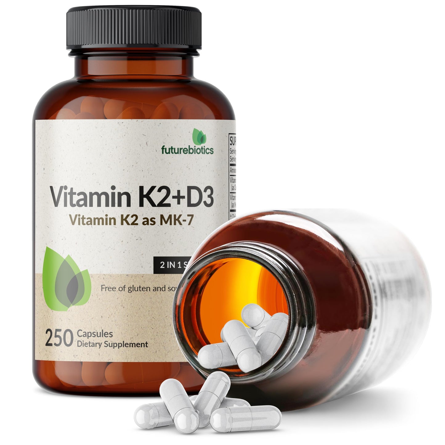Futurebiotics Vitamin K2 (MK7) with D3 – Non-GMO, 5000 IU D3 & 90 mcg MK-7, 2-Pack (250 Veg Capsules per Bottle)