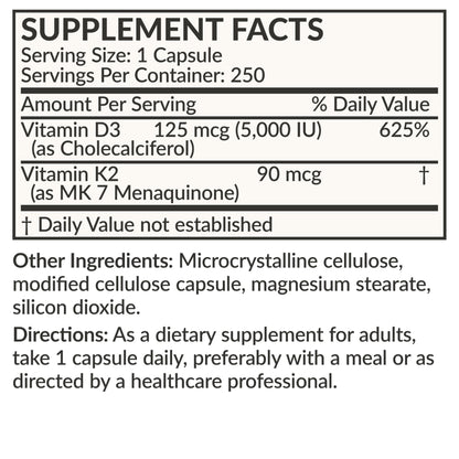 Futurebiotics Vitamin K2 (MK7) with D3 – Non-GMO, 5000 IU D3 & 90 mcg MK-7, 2-Pack (250 Veg Capsules per Bottle)