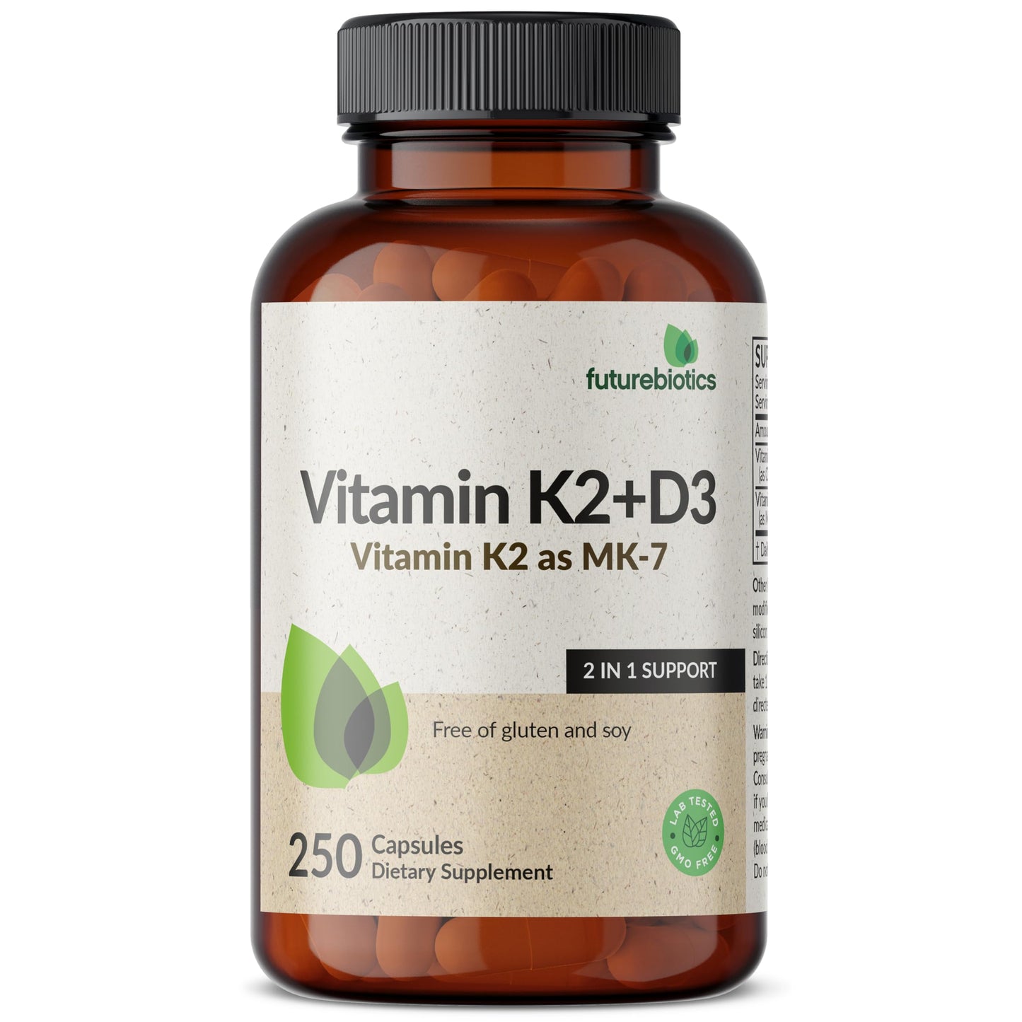 Futurebiotics Vitamin K2 (MK7) with D3 – Non-GMO, 5000 IU D3 & 90 mcg MK-7, 2-Pack (250 Veg Capsules per Bottle)
