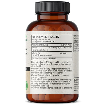 Futurebiotics Vitamin K2 MK-7 with D3 - Non-GMO, 5000 IU D3 & 90 mcg K2 MK-7, 120 Veggie Capsules