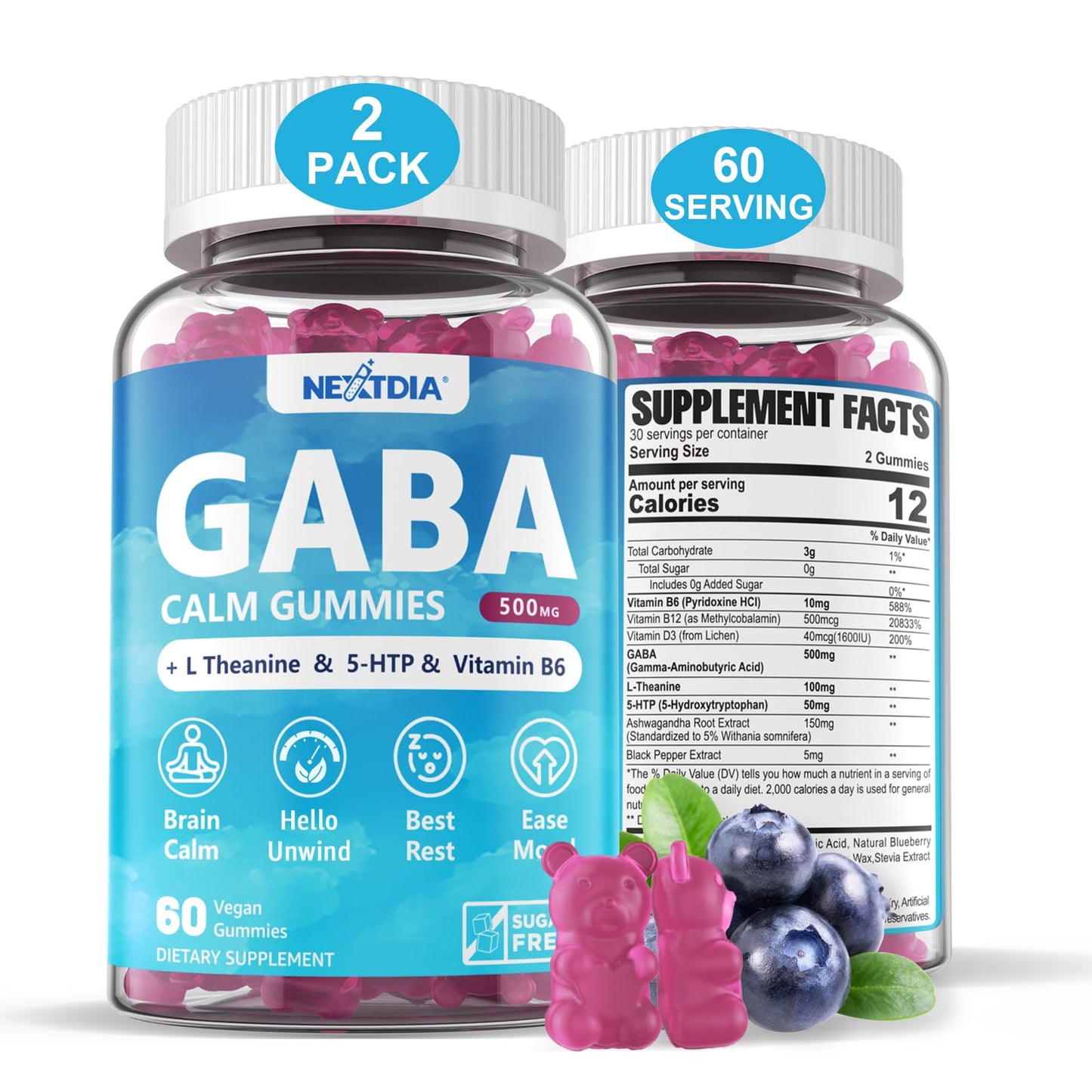 Nextdia GABA Gummies 500mg – Sugar-Free Calm Gummies with L-Theanine, 5-HTP, D3, B12 (Vegan, Blueberry)