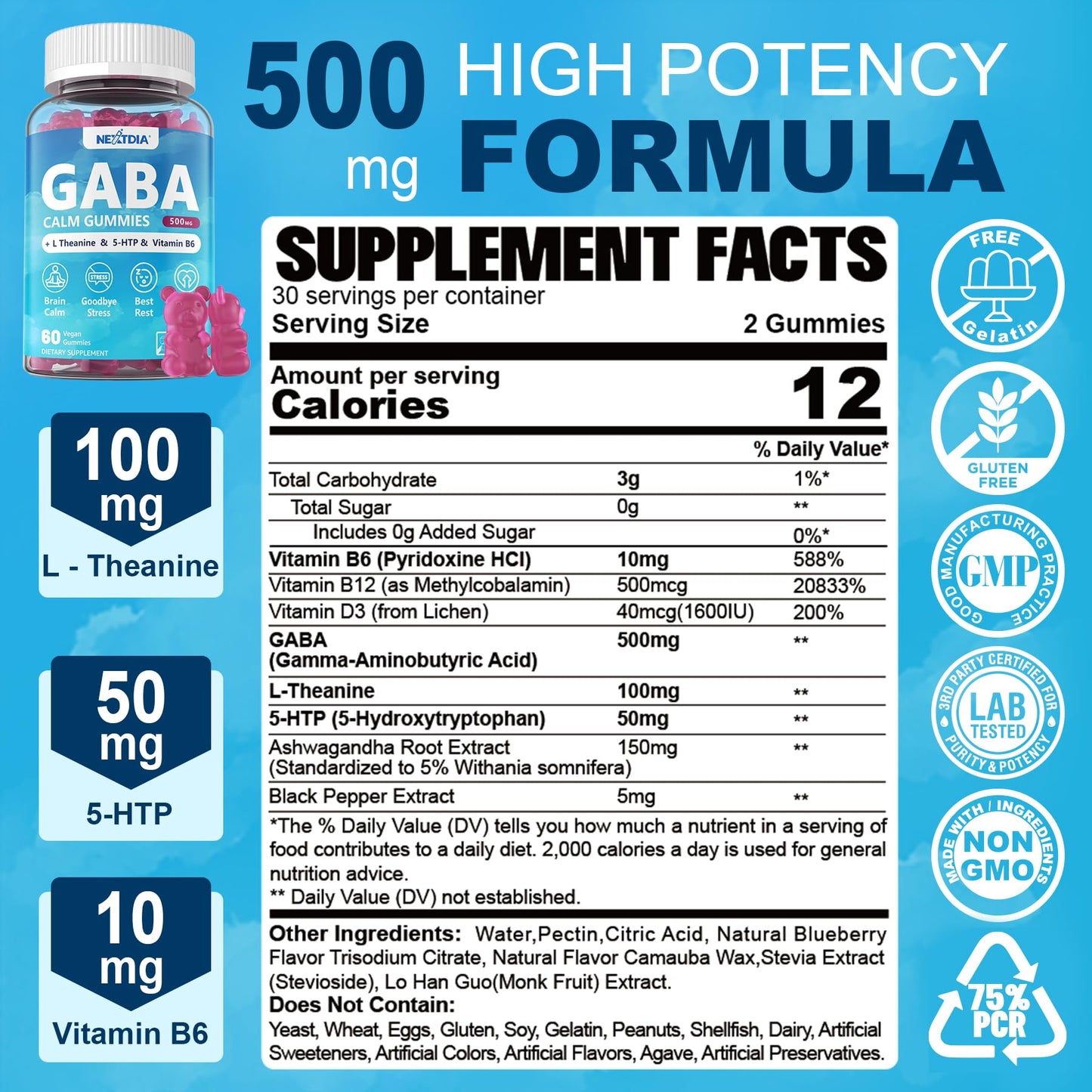 Nextdia GABA Gummies 500mg – Sugar-Free Calm Gummies with L-Theanine, 5-HTP, D3, B12 (Vegan, Blueberry)