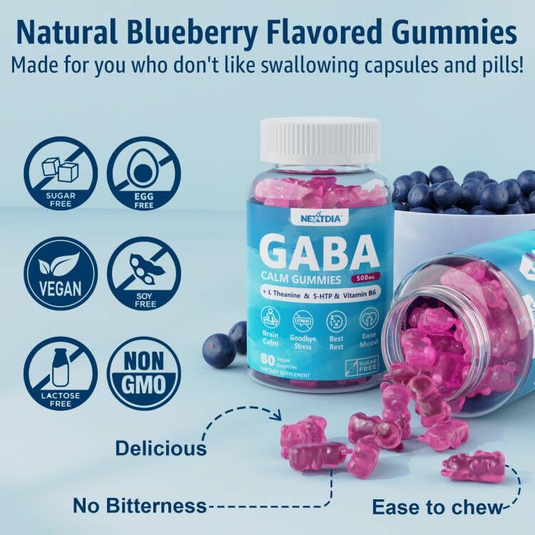 Nextdia GABA Gummies 500mg – Sugar-Free Calm Gummies with L-Theanine, 5-HTP, D3, B12 (Vegan, Blueberry)
