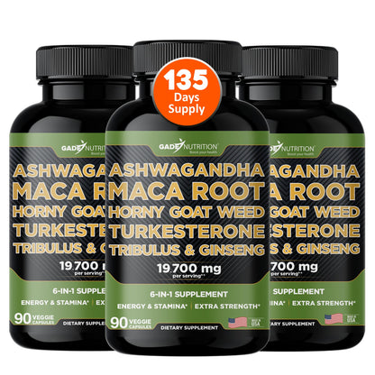 Gade Nutrition Ashwagandha 6-in-1 with Maca Root, Tribulus Terrestris, Horny Goat Weed, Turkesterone | Made in USA | Pack of 3