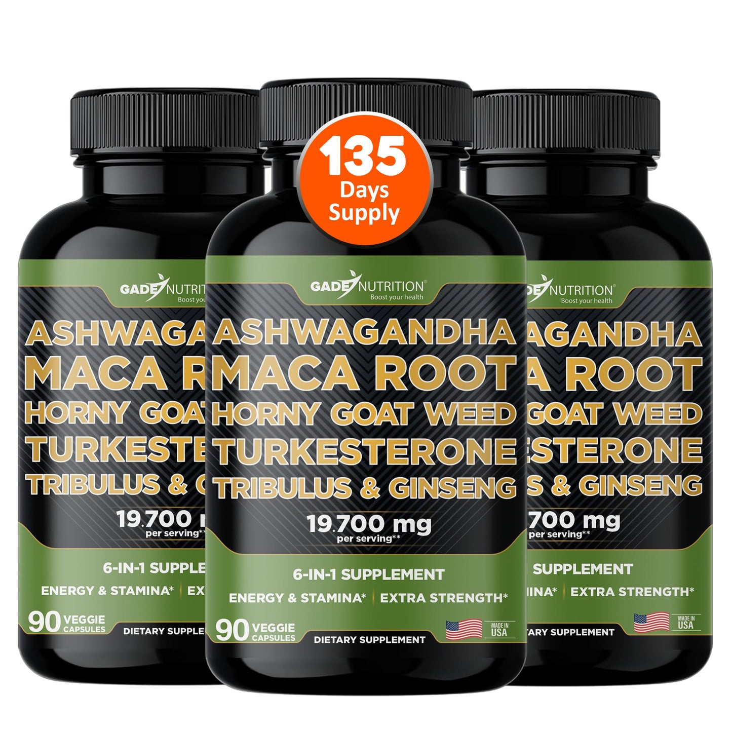 Gade Nutrition Ashwagandha 6-in-1 with Maca Root, Tribulus Terrestris, Horny Goat Weed, Turkesterone | Made in USA | Pack of 3