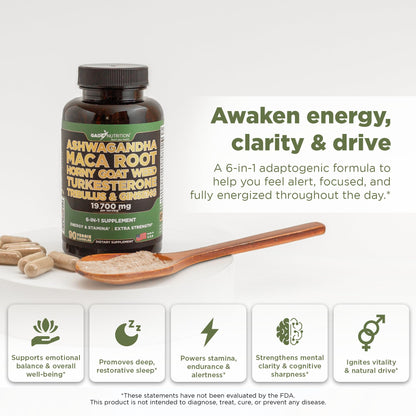 Gade Nutrition Ashwagandha 6-in-1 with Maca Root, Tribulus Terrestris, Horny Goat Weed, Turkesterone | Made in USA | Pack of 3