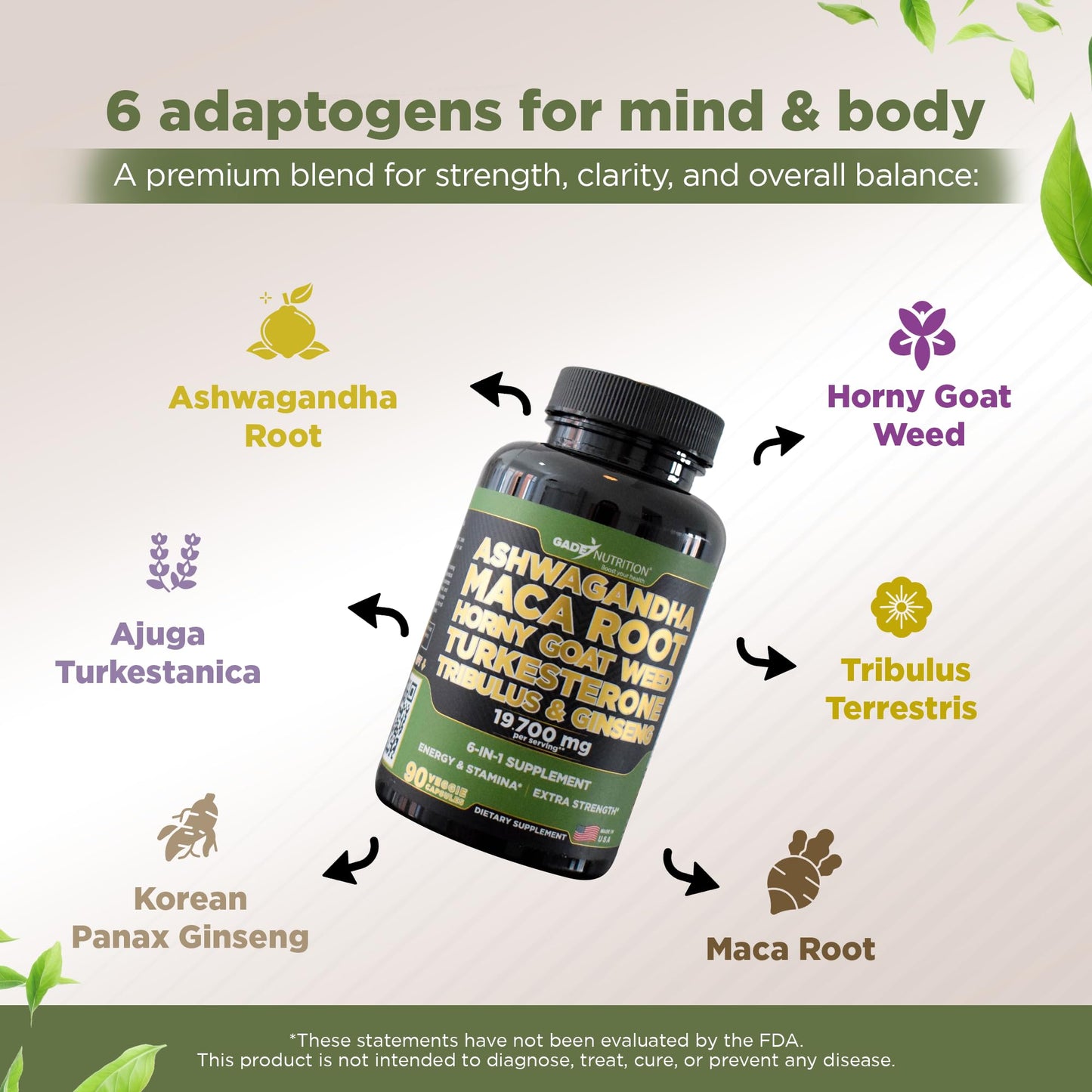 Gade Nutrition Ashwagandha 6-in-1 with Maca Root, Tribulus Terrestris, Horny Goat Weed, Turkesterone | Made in USA | Pack of 3