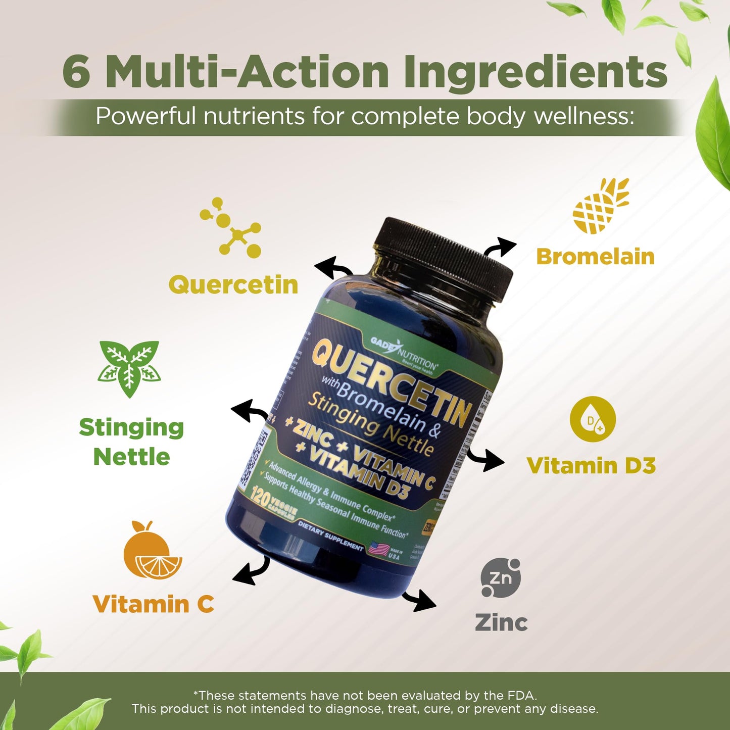 GADE NUTRITION Quercetin 500mg with Vitamin C, Zinc & Stinging Nettle – 360 Veggie Caps, 6 Month Supply