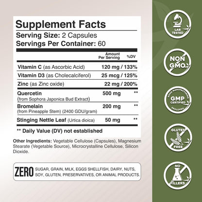 GADE NUTRITION Quercetin 500mg with Bromelain, Vitamin C, Zinc & Vitamin D3 – 120 Veggie Caps