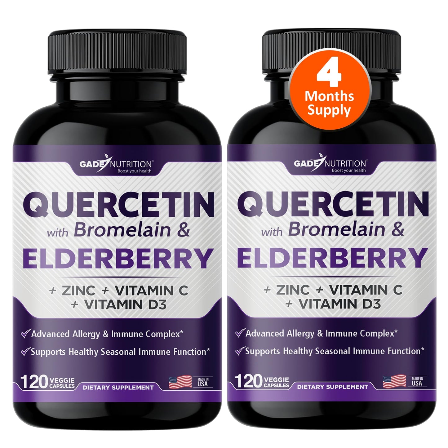 Gade Nutrition Quercetin with Bromelain, Vitamin C & Zinc, Vitamin D3, and Elderberry | Daily Immune Support Supplement - 4 Months Supply